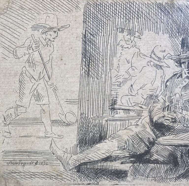 REMBRANDT, d'après - Scène animée - Dessin au crayon ? - Signé en bas à gauche…