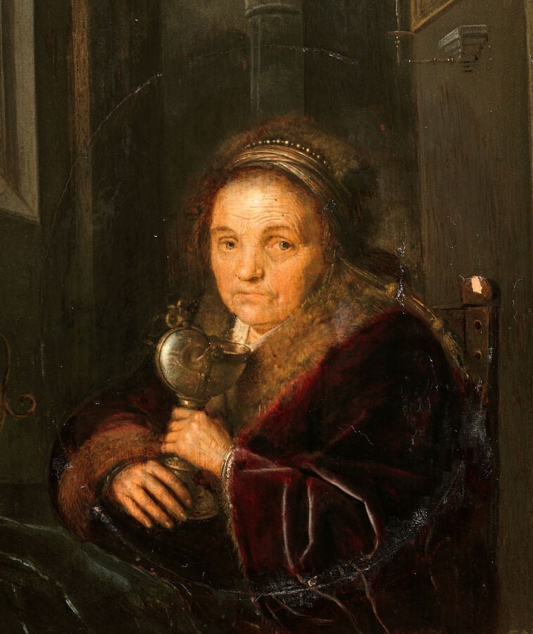 Attribué à Gerrit DOU (1613 - 1675) - Femme agée portant un nautilus - Panneau…