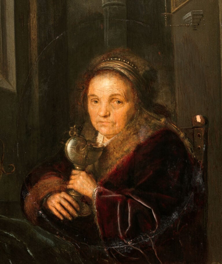 Attribué à Gerrit DOU (1613 - 1675) - Femme agée portant un nautilus - Panneau…