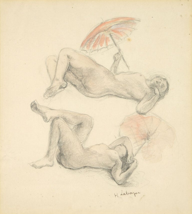 DOUBLON Henri LEBASQUE (1865-1937) - Femmes à l'ombrelle - Crayon, estompe et r…