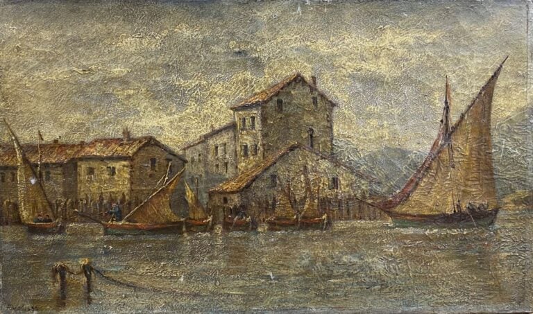 Ecole de la fin du XIXe siècle - Bateaux à quai - Huile sur toile - Porte une s…