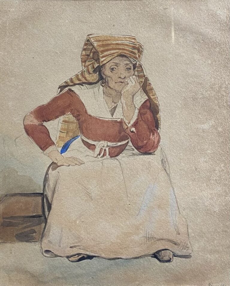 Ecole de la fin du XIXe siècle - Couple de paysans - Deux dessins au crayon et…