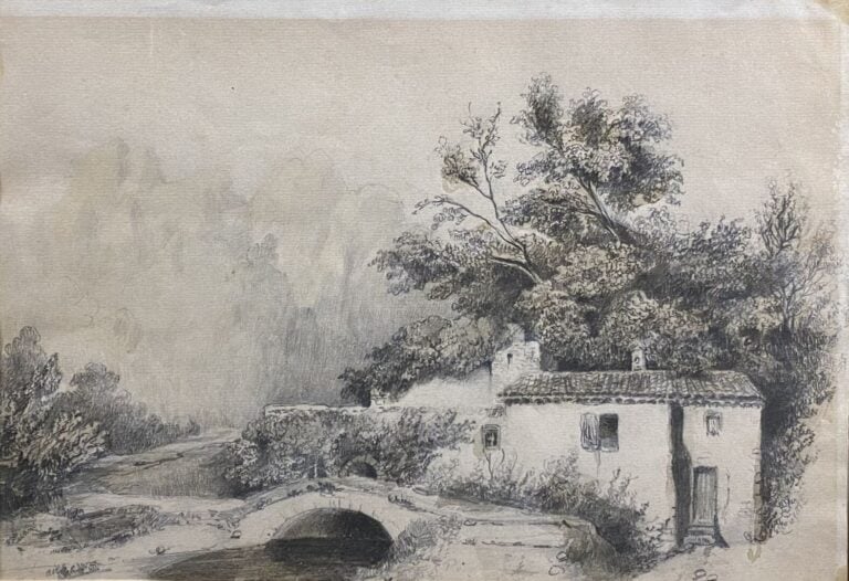 Ecole du XIXe siècle - Paysage de campagne - Deux dessins au crayon sur papier…