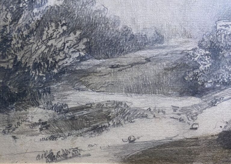 Ecole du XIXe siècle - Paysage de campagne - Deux dessins au crayon sur papier…