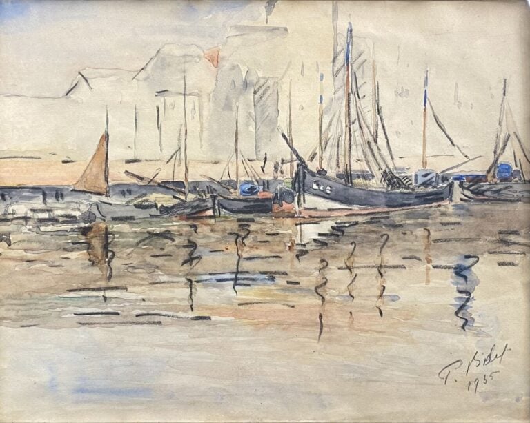 Ecole du XXe siècle - Bateaux à quai - Aquarelle et crayon gras sur papier - Po…