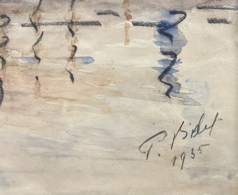 Ecole du XXe siècle - Bateaux à quai - Aquarelle et crayon gras sur papier - Po…