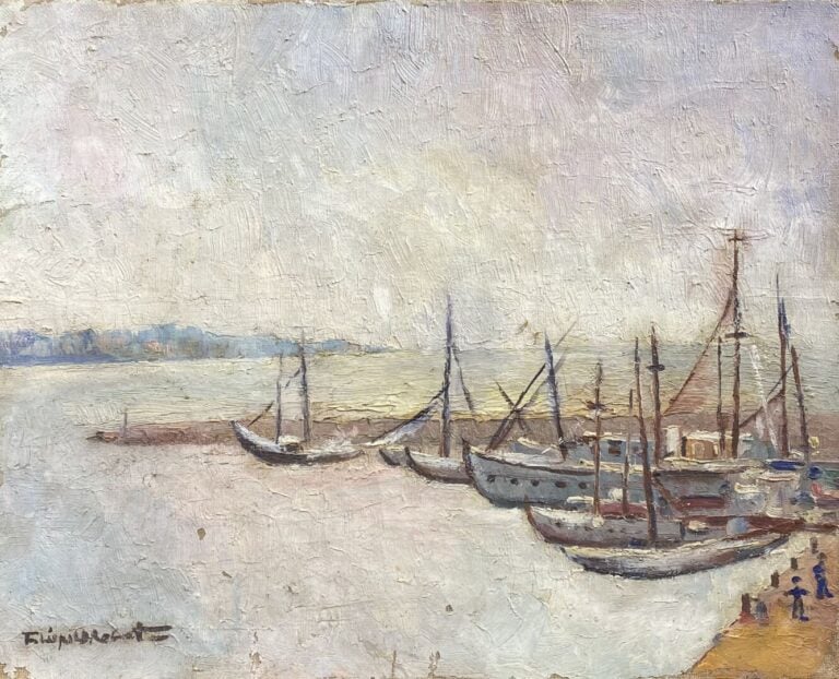 Ecole du XXe siècle - Bateaux à quai - Aquarelle et crayon gras sur papier - Po…