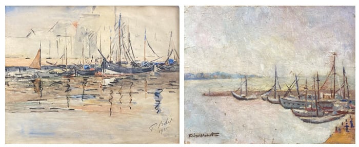 Ecole du XXe siècle - Bateaux à quai - Aquarelle et crayon gras sur papier - Po…