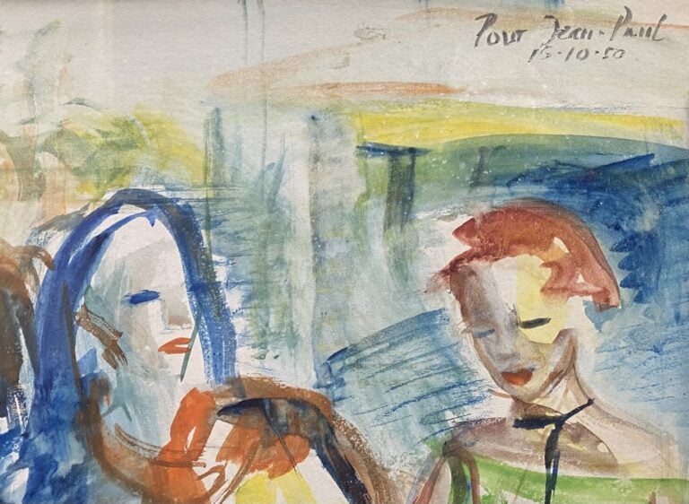 Ecole XXe siècle - Couple - Gouache sur papier - Dédicacé "pour Jean-Paul 15.10…