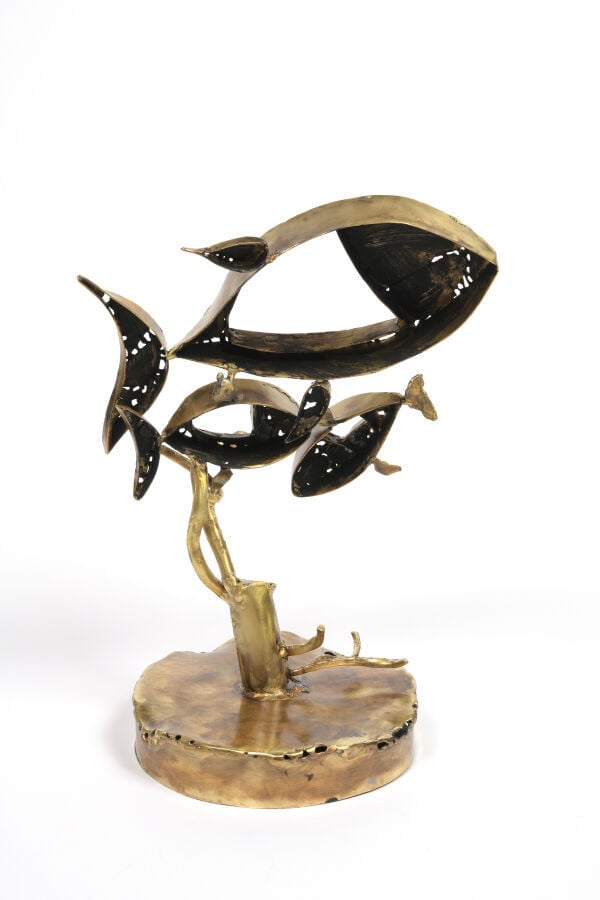 Gilbert LIBLIN (1954) - Sculpture, modèle Célia, figurant trois poissons - Lait…