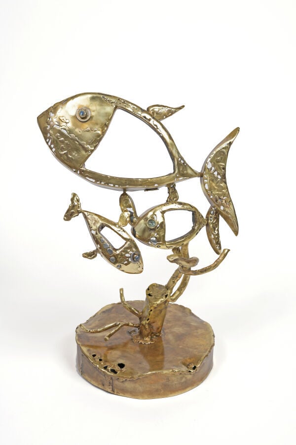 Gilbert LIBLIN (1954) - Sculpture, modèle Célia, figurant trois poissons - Lait…