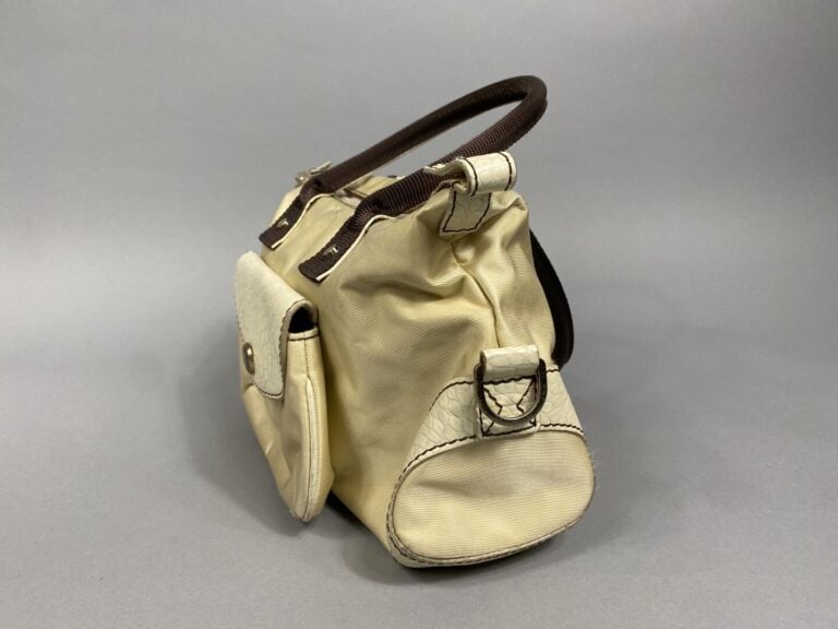 LANCEL - Sac en toile beige et cuir façon reptile crème, double poignées en tis…