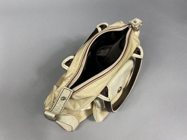 LANCEL - Sac en toile beige et cuir façon reptile crème, double poignées en tis…