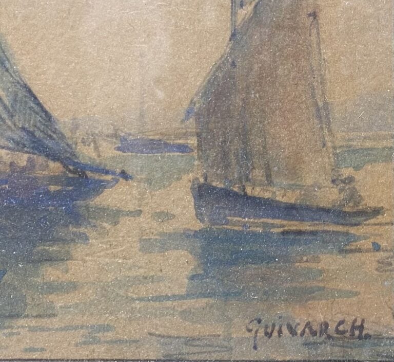 René GUIVARCH (XXe) - Bateaux à quai - Aquarelle - Signé en bas à droite - 10.5…