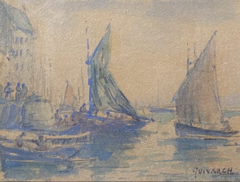 René GUIVARCH (XXe) - Bateaux à quai - Aquarelle - Signé en bas à droite - 10.5…