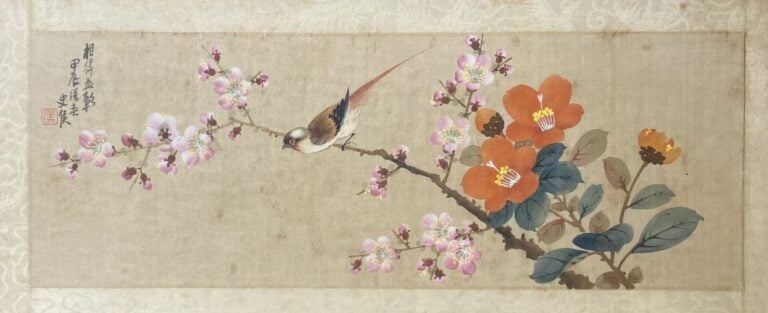 Chine - Oiseaux branchés - Paire de peintures sur soie - Tampon et calligraphie…
