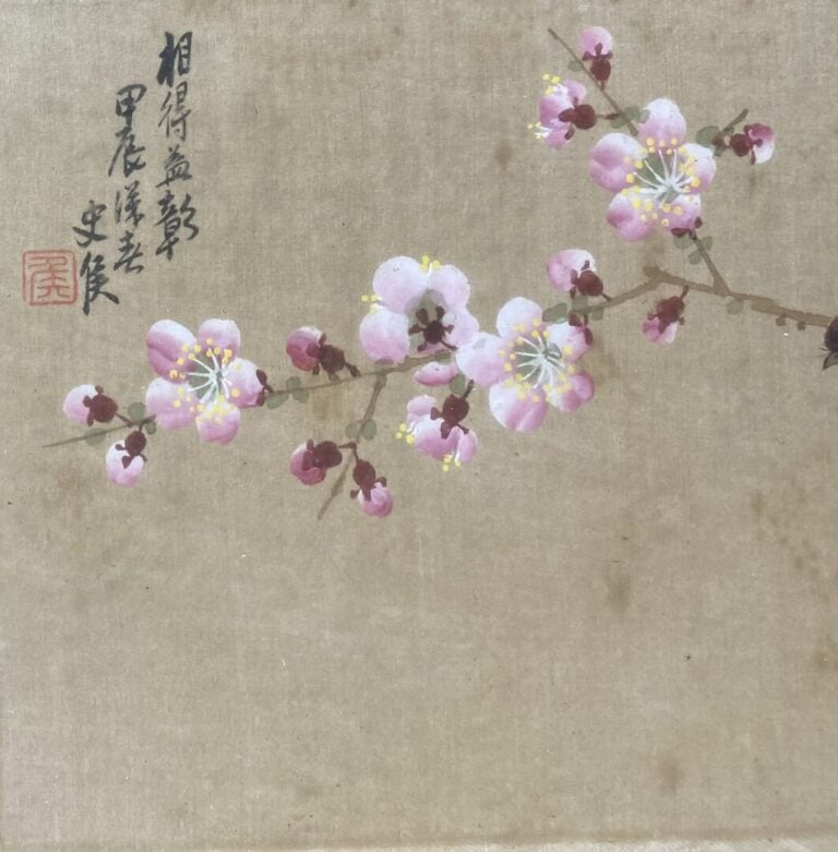 Chine - Oiseaux branchés - Paire de peintures sur soie - Tampon et calligraphie…