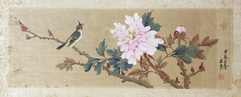 Chine - Oiseaux branchés - Paire de peintures sur soie - Tampon et calligraphie…
