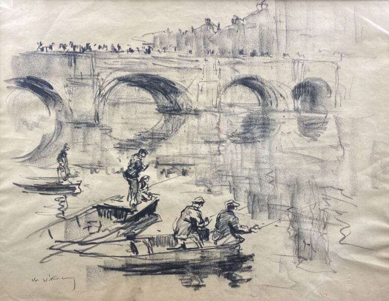 Deux dessins au crayon ou fusain encadrés - Pêcheurs et Paysage - Dim. (le plus…