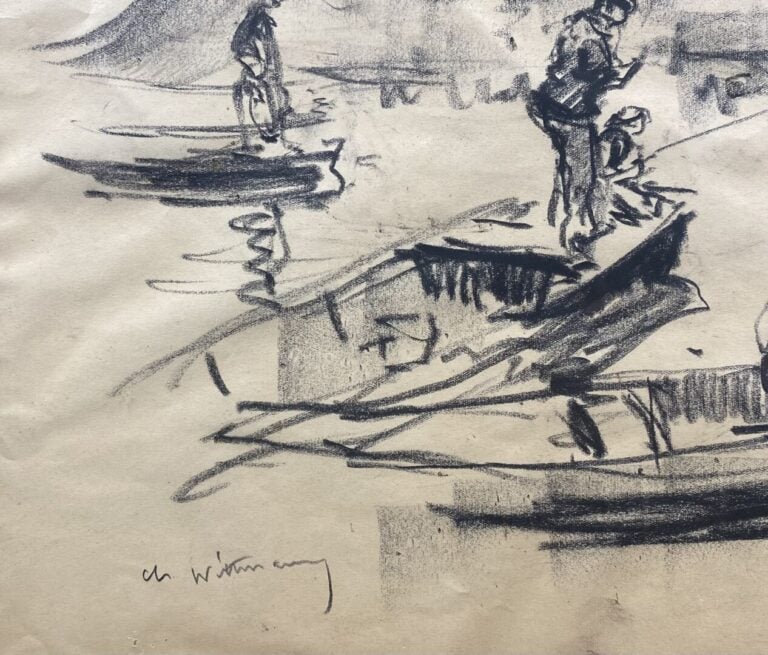 Deux dessins au crayon ou fusain encadrés - Pêcheurs et Paysage - Dim. (le plus…