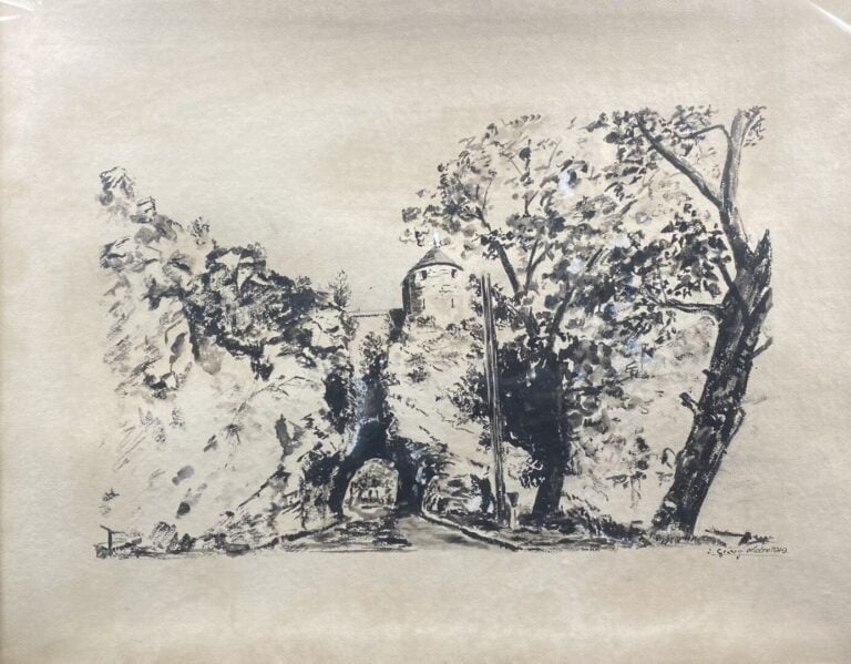 Deux dessins au crayon ou fusain encadrés - Pêcheurs et Paysage - Dim. (le plus…