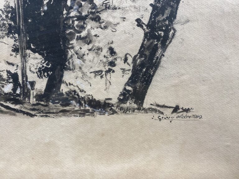 Deux dessins au crayon ou fusain encadrés - Pêcheurs et Paysage - Dim. (le plus…