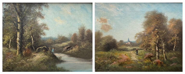 Ecole début XXe siècle - Paysage de campagne - Deux huiles sur toile - Signées…