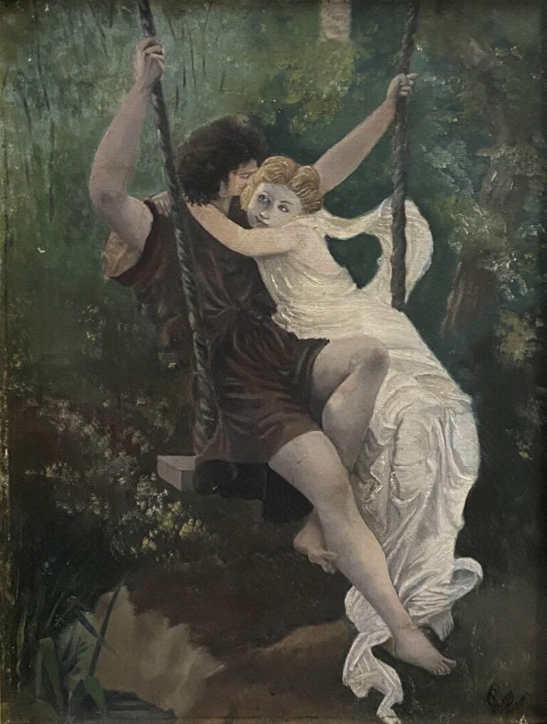 Ecole du XXe siècle - Couple à la balançoire - Huile sur toile - Signé en bas à…