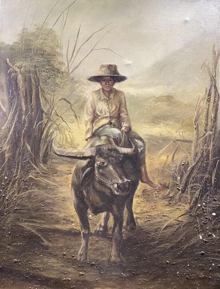 Ecole du XXe siècle - Jeune garçon et son buffle - Huile sur toile - 78 x 60 cm…