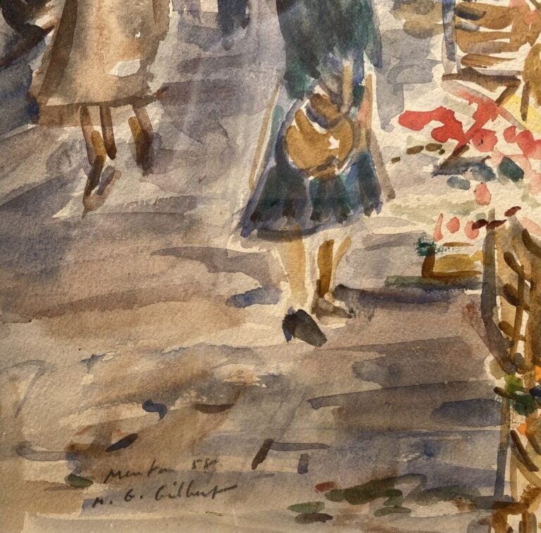 Ecole du XXe siècle - Marché dans une rue de Menton - Aquarelle - Porte une sig…