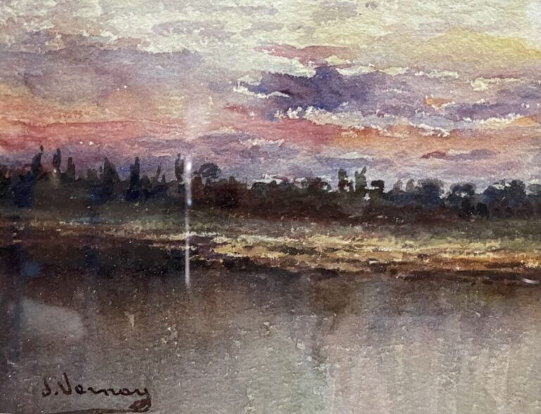 Ecole fin XIXe -début XXe siècle - Paysage au coucher de soleil - Aquarelle - P…