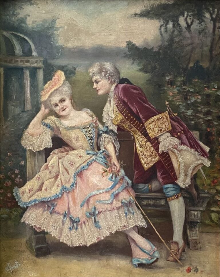 Ecole fin XIXe-début XXe siècle - Scène galante dans un jardin - Huile sur toil…