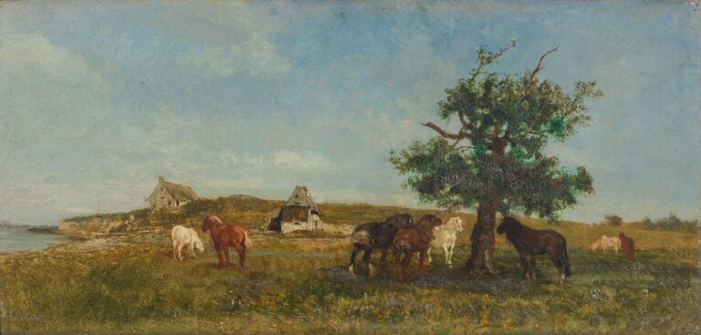 Ecole française - Chevaux en bord de mer - Huile sur panneau