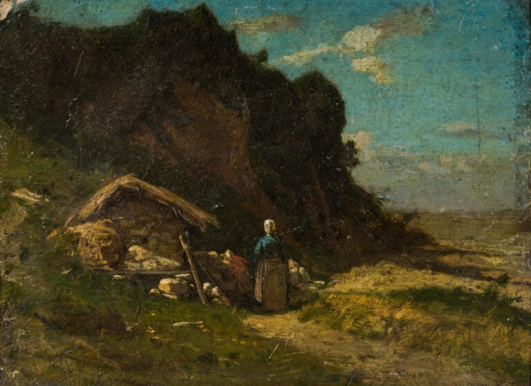 Ecole française fin XIXème siècle - Bergerie - Huile sur carton (usures) - 15.5…