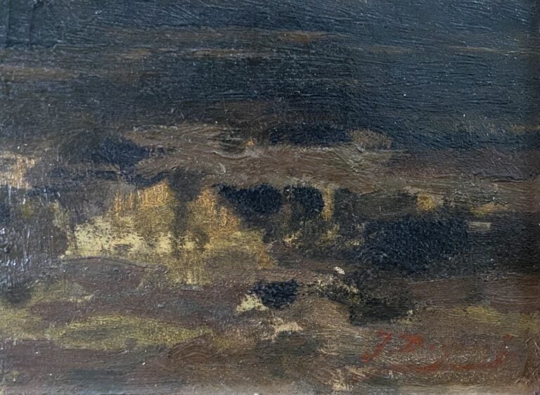 Ecole XIXe siècle - Coucher de soleil sur un étang - Huile sur toile - Porte un…