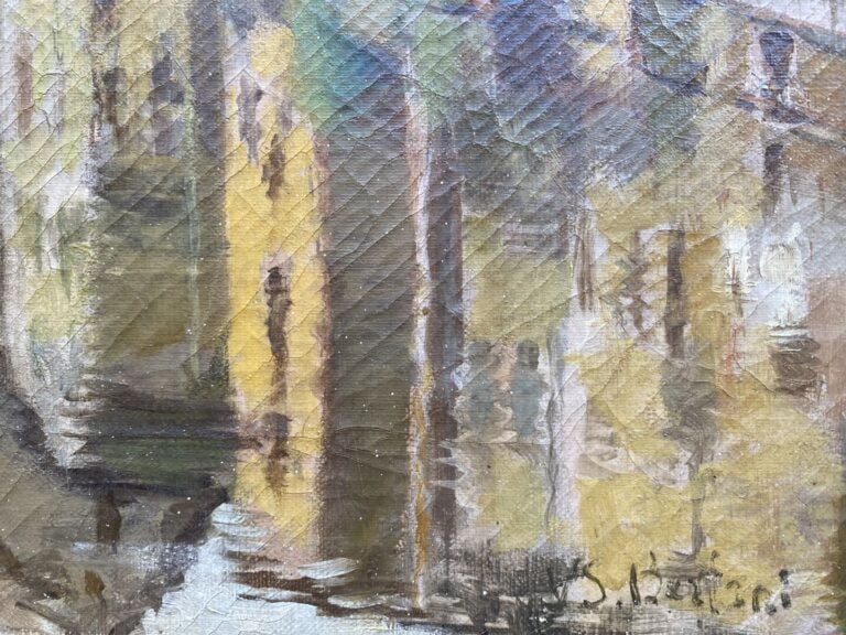 Ecole XXe siècle - Maisons au bord d'un canal - Huile sur toile - Porte une sig…