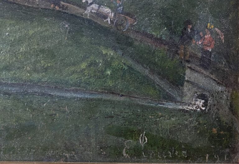 Ecole XXe siècle - Scène animée aux lavandières - Huile sur panneau - Porte une…