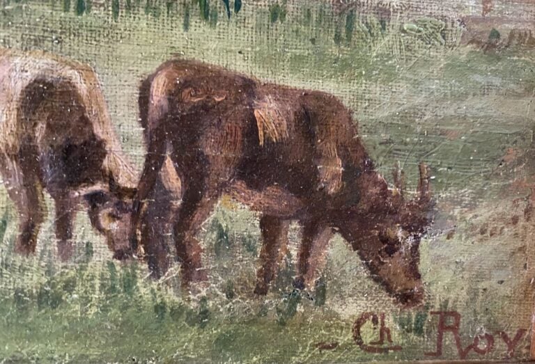 Ecole XXe siècle - Vaches dans un champ - Huile sur toile - Signée en bas à dro…