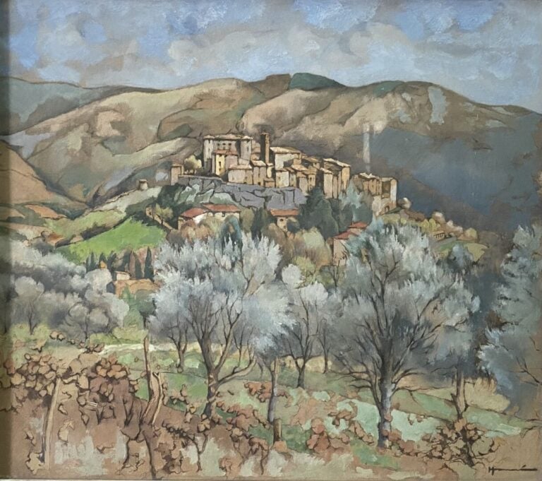 Ecole XXe siècle - Vue de village provençal - Huile sur carton ? - Porte une si…