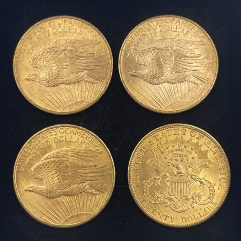 Ensemble de 4 pièces de 20 Dollars comprenant : - "Saint Gaudens" 3x 1908 - "Li…