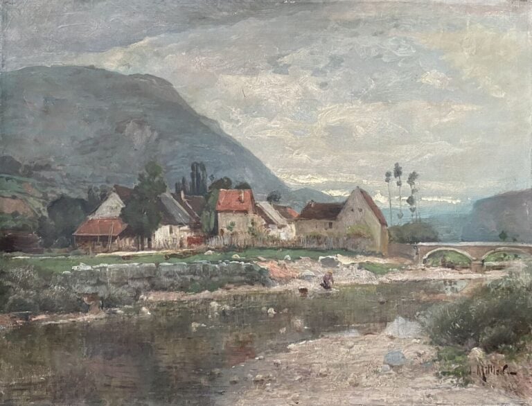 Mannette comprenant 7 tableaux dont une huile sur toile représentant une scène…