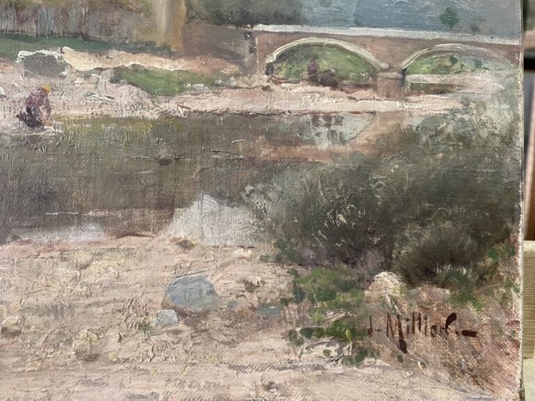 Mannette comprenant 7 tableaux dont une huile sur toile représentant une scène…