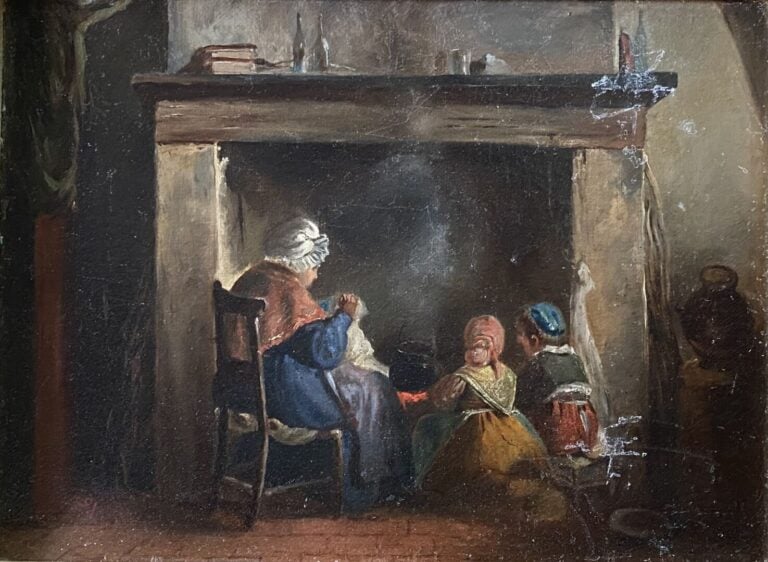 Mannette comprenant 7 tableaux dont une huile sur toile représentant une scène…