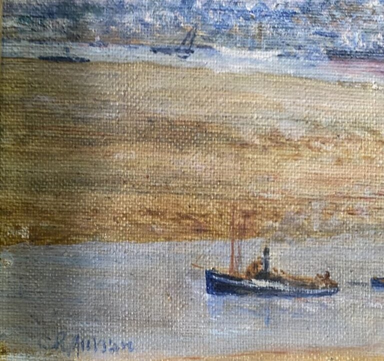 Mannette comprenant 7 tableaux dont une huile sur toile représentant une scène…