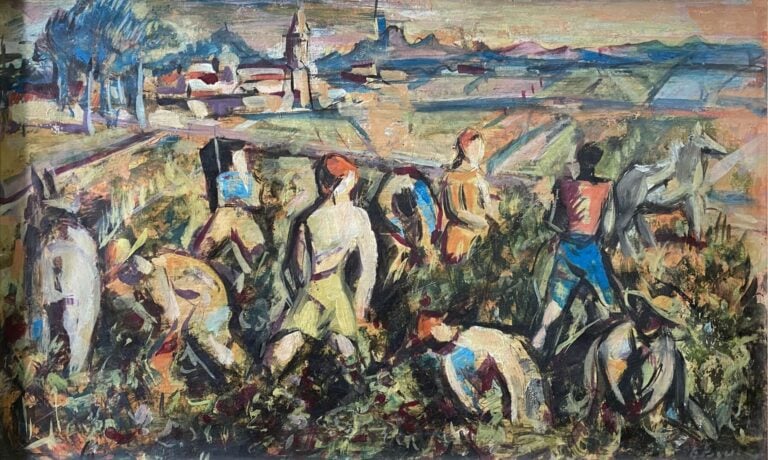 Mannette comprenant 7 tableaux dont une huile sur toile représentant une scène…