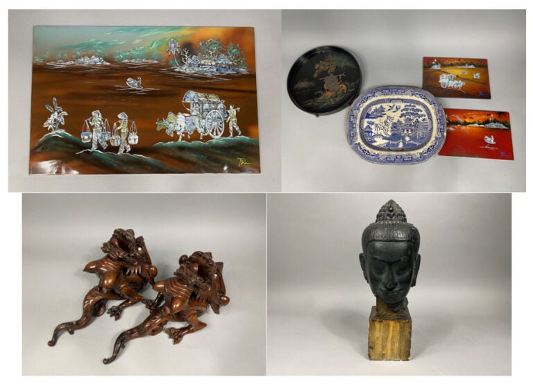 Mannette d'objets dans les goûts asiatique et vietnamien comprenant un plat à d…