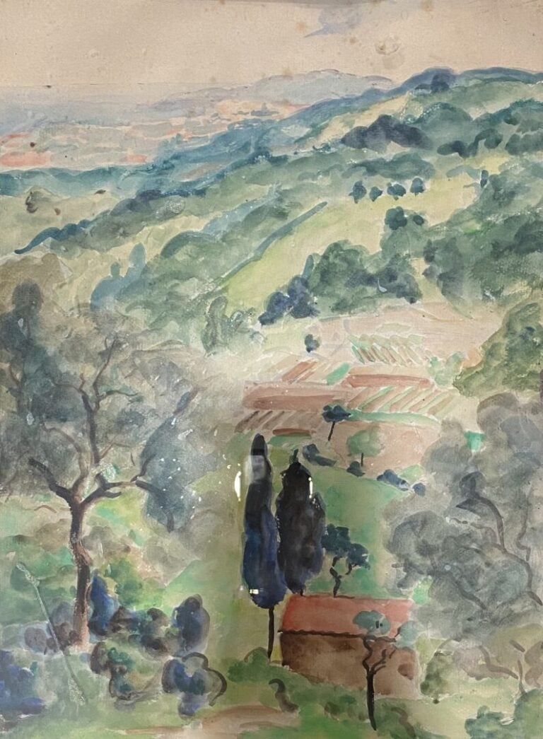 Mannette de pièces encadrées dont aquarelle, broderie et portrait d'un jeune ga…