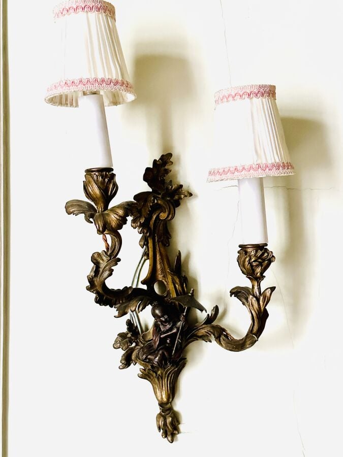 PAIRE D'APPLIQUES DE STYLE LOUIS XV, en bronze ciselé patiné et doré, à deux lu…