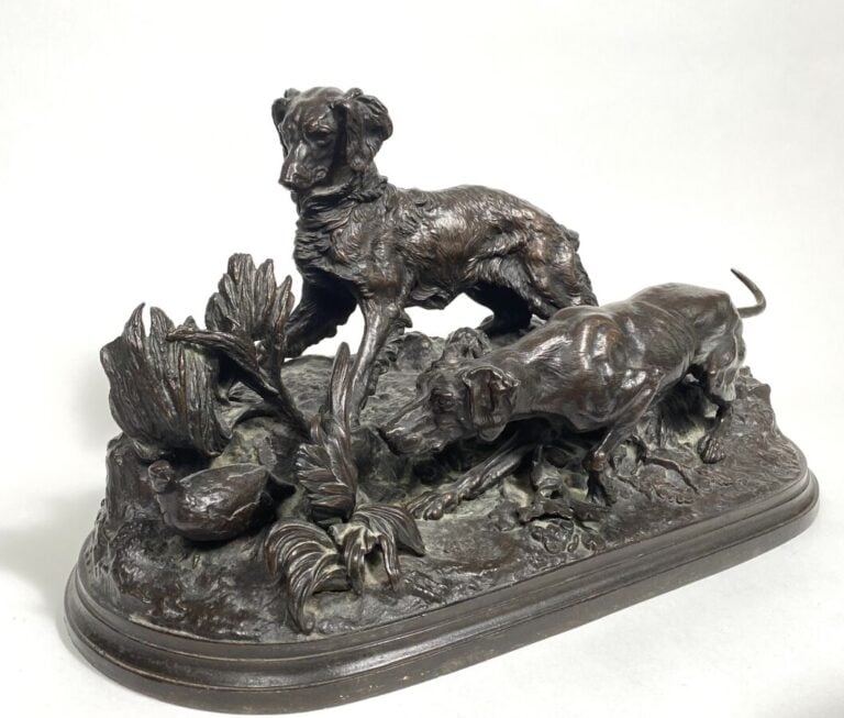 Pierre-Jules MENE (1810-1879) - "Deux chiens de chasse à l'arrêt devant une per…