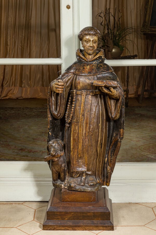Saint Dominique bois sculpté, trace de polychromie, sur une base en bois termin…